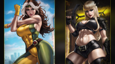 2girls abs absurd_res absurdres american american_female anna_marie athletic athletic_female bangs big_breasts black_clothes black_clothing black_gloves black_shorts black_tank_top blonde_hair blue_eyes bodysuit breasts brown_hair busty child_bearing_hips city city_background cleavage clothed clothed_female clothing dandon_fuga female female_abs female_focus female_only fingerless_gloves fit fit_female gloves green_bodysuit green_clothes green_eyes green_hairband hair_ornament headband high_resolution highres hime_cut hips holding_sword holding_weapon huge_breasts large_breasts light-skinned_female light_skin long_hair looking_at_viewer magik_(illyana_rasputin) marvel marvel_comics midriff muscular muscular_female mutant navel outdoors outside red_lips red_lipstick rogue_(x-men) russian russian_female shorts slim_female slim_waist solo solo_female solo_focus spikes stomach stretching stretching_arms superhero superhero_costume superheroine sword tank_top thick_thighs thighs thunder_thighs thunderthighs toned toned_body toned_female toned_stomach two-tone_clothing two-tone_hair unitard weapon white_streak x-men yellow_gloves