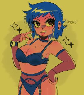 1girls black_eyes black_nails blue_hair blue_underwear blush choker elbow_gloves eyeshadow female female_only garter_belt garter_straps gloves hand_on_hip kumothz nail_polish ramona_flowers scott_pilgrim short_hair solo solo_female sparkles tongue tongue_out underwear