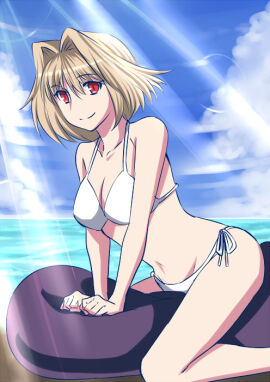 arcueid_brunestud bikini blonde_hair blue_sky breasts cleavage cloud cloudy_sky commentary_request day feet_out_of_frame female hair_intakes innertube light_rays medium_breasts navel no_nose ocean red_eyes short_hair side-tie_bikini_bottom sky smile solo straddling swim_ring swimsuit tsukihime type-moon urako white_bikini