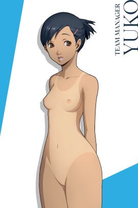accurate_art_style arms_behind_back atlus black_hair breasts brown_eyes character_name collarbone edit edited edited_official_artwork english_text female hair_ornament hairclip lips looking_at_viewer medium_breasts megami_tensei navel nipples nude nude_edit nude_filter one-piece_tan parted_lips persona persona_3 persona_3_reload ponytail pussy ryusentzumi short_hair short_ponytail smile solo standing tan tanlines text third-party_edit yuko_nishiwaki
