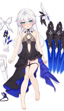 ass_visible_through_thighs bare_shoulders barefoot black_dress black_panties blue_eyes breasts censored clothing_cutout collarbone covered_nipples dress female full_body gloves hair_between_eyes hair_down highres honkai_(series) honkai_impact_3rd long_hair lying navel navel_cutout on_back open_mouth panties panty_pull pussy sheet_grab small_breasts solo tama_(tamatamo) theresa_apocalypse thigh_gap thighhighs underwear unworn_gloves unworn_thighhighs very_long_hair white_gloves white_hair white_thighhighs