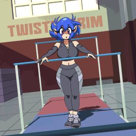 :o animated blue_hair breasts cameltoe cleavage clothed clothing cute emi_(twistedgrim) female gif jiggling_breasts navel pussy short_hair solo twistedgrim