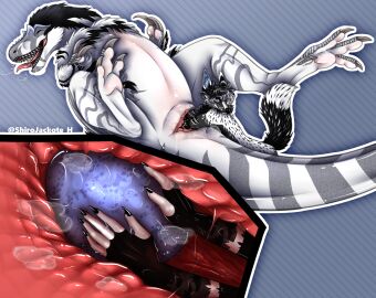 2boys ambiguous_fluids animal_genitalia anthro black_body black_feathers black_fur blue_eyes bodily_fluids canid canine cervix claws cloaca cloacal cloacal_fisting cuntboy cuntboy_sans_balls dinosaur duo duo_focus egg egg_insertion feathered_dinosaur feathers feet feral fisting fox fur genital_fluids genitals grey_body grey_fur grey_scales herm hermaphrodite hi_res holding_egg holding_object internal internal_cloaca internal_cloacal intersex looking_pleasured male male_focus male_only maleherm mammal markings multi_genitalia outline pattern_background penetration penis penis_emerging_from_pussy pink_cloaca pussy red_fox reptile scales scalie shape_shifter shirojackote silver_fox simple_background spots spotted_body spotted_fur spread_legs spreading steam striped_body striped_fur striped_markings striped_tail stripes tail tail_markings theropod true_fox tyrannosaurid tyrannosauroid vaginal_fluids wavy_hair whiskers white_body white_feathers white_fur white_outline white_scales