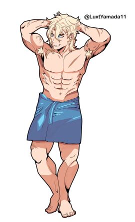 armpit_hair bara blonde-haired_male blonde_hair blue_eyes genshin_impact male male_only masculine masculine_male muscular muscular_male shirtless shirtless_male smiling_at_viewer varka varka_(genshin_impact) yaoi