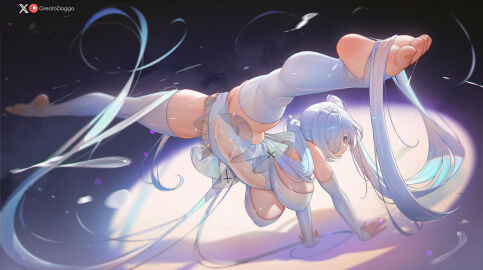 1girls big_breasts cinderella_(nikke) feet female goddess_of_victory:_nikke greatodoggo handstand handstand_with_split_pose leotard long_hair looking_over_shoulder solo white_clothing white_hair white_leotard