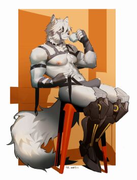 2024 anthro bara biceps big_muscles bodily_fluids bulge canid canine canis cum detailed_bulge fur genital_fluids harness hi_res leaking_cum leaking_through_clothing looking_at_viewer male male_focus male_only mammal mihoyo muscles muscular muscular_anthro muscular_male pecs solo_male von_lycaon w_juhao white_body white_fur wolf yaoi zenless_zone_zero