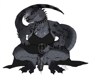 1futa alternative_fashion anthro arm_spikes arm_tattoo armpit_hair black_clothing black_dress bodily_fluids body_hair bracelet breast_tattoo breasts clothing collar crouching dinosaur dress dromaeosaurid eyebrow_piercing facial_piercing fishnet_clothing fishnet_legwear furgonomics furry-specific_piercing futa_only futanari genital_fluids genitals goth hi_res intersex jewelry leg_tattoo legwear lip_piercing necklace nose_piercing penis piercing precum prehistoric_species pubes reptile ring scalie sliimeyniight solo spiked_collar spikes spikes_(anatomy) tail tail_piercing tail_tattoo tattoo theropod thick_tail thick_thighs thigh_tattoo vein veiny_penis