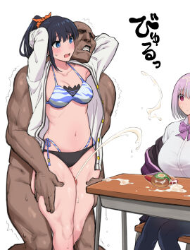 1boy 2girls absurdres arms_behind_head bikini black_hair blank_stare blue_eyes bow bowtie breasts cardigan clothed_female_nude_male commentary_request cum cum_on_body cum_on_desk cum_on_food cum_on_hair dark-skinned_male dark_skin desk ejaculation facial female gridman_universe highleg highleg_bikini highres jacket large_breasts long_hair long_sleeves male medium_breasts multiple_females multiple_girls navel nim_r18 nude off_shoulder official_alternate_costume official_alternate_hairstyle open_cardigan open_clothes orange_scrunchie penis ponytail purple_bow purple_bowtie purple_hair purple_jacket red_eyes school_desk school_uniform scrunchie shinjou_akane shirt short_hair side-tie_bikini_bottom ssss.gridman straight sweat swimsuit takarada_rikka thigh_grab thigh_sex white_background white_cardigan white_shirt