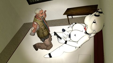 3d animatronic_female breasts crossover eli_vance fap_nights_at_frenni's female five_nights_at_freddy's futa/male futa_on_male futanari garry's_mod gun half-life_(series) half-life_2 huge_breasts intersex male marie_(cally3d) marionette_(fnaf) puppet_(cally3d) puppet_(fnaf) scared threatening white_body white_hair