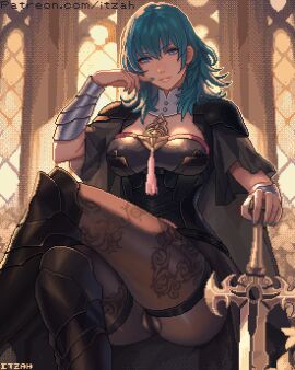1girls armor armored_female blue_eyes breasts byleth_(fire_emblem) byleth_(fire_emblem)_(female) cameltoe clothed clothing crossed_legs emotionless expressionless female fire_emblem fire_emblem:_three_houses flower flowers hourglass_figure itzah lace_trim lace_trimmed_thighhighs large_breasts long_hair looking_at_viewer nintendo painted_nails patreon_username petals pixel_art pussy sitting solo solo_female solo_focus sword teal_hair thick_thighs wide_hips windows