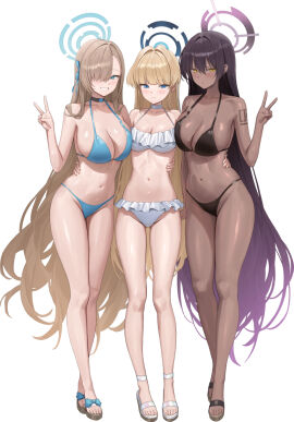 3girls asuna_(blue_archive) bikini black_bikini black_hair blonde_hair blue_archive blue_bikini blue_eyes breast_press breast_size_difference breasts chocolate_and_vanilla cleavage dark-skinned_female dark_skin female female_only full_body hair_over_one_eye halo hinaki0102 huge_breasts karin_(blue_archive) light-skinned_female light_skin long_hair looking_at_viewer medium_breasts navel open_toe_shoes sandals thighs toki_(blue_archive) v v_sign very_long_hair white_background white_bikini yellow_eyes