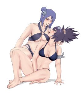 2girls alternate_costume barefoot big_breasts bikini bikini_bottom bikini_top blue_hair blush breasts brown_eyes cleavage degato embarrassed feet female female/female female_only flower flower_in_hair full_body huge_breasts imminent_kiss konan long_hair looking_at_another looking_at_partner makeup mature mature_female midriff mitarashi_anko multiple_females multiple_girls naruto naruto_(series) naruto_shippuden navel official_alternate_costume oppai orange_eyes plain_background ponytail purple_hair simple_background sunglasses sunglasses_on_head swimsuit tied_hair underboob white_background yuri