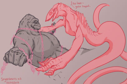 anthro ape ass ass_up athletic athletic_female athletic_male big_ass big_butt big_chest chained chained_up chains claws dominant dominant_female duo erection female female_on_top furry genital_fluids genitals haplorhine interspecies kaiju king_kong king_kong_(series) kong:_skull_island large_ass male male/female male_on_bottom mammal monsterverse muscular muscular_female muscular_male primate reptile scalie seducing seductive seductive_eyes seductive_look seductive_pose seductive_smile skullcrawler straight sugarbeasts-07 vipery-07