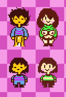 1boy 1girls 2d blue_sweater breasts breasts_out brown_boots chara chara_(undertale) female female_chara frisk frisk_(undertale) green_sweater male male_frisk my_version penis pink_nipples pixel_art semi_nude simple_background snasundrtle sweater undertale