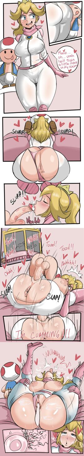 1boy 1girls after_sex ahe_gao anus ass back_arching_orgasm backsack balls ballsack blonde_hair blowjob blue_eyes bodysuit breasts clothing comic_page cum cum_in_pussy cum_inside dialogue duo english_text female female_focus heart height_difference hi_res hips huge_ass huge_breasts impregnation light-skinned_female light_skin long_hair looking_at_ass male mario_(series) mating_press naughty_face nintendo nipples penis ponytail princess_peach pussy reach025 shorter_male small_but_hung smaller_male smaller_male_larger_female speech_bubble sperm_cell sperm_meets_ovum super_mario_bros._(2023_film) taller_female text thick_thighs thighs tied_hair toad_(mario) uncensored wide_hips