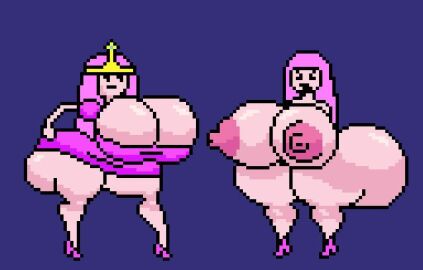 adventure_time ass bad_anatomy breasts cleavage clothed crown female gigantic_ass gigantic_breasts gigantic_nipples high_heels nude pixel_art princess_bubblegum simple_background the_inclined_trunk