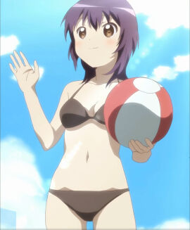 1girls anime_screencap beach_ball belly belly_button bikini bikini_bottom bikini_top brown_eyes canonical_scene closed_mouth female funami_yui open_eyes purple_hair sky_background smiling yuru_yuri