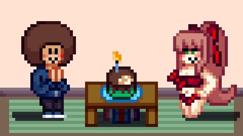 1boy 1girls >.< afro animated barefoot birthday birthday_cake blush bra breasts chibi chibi_style clothed_male_nude_female costume_switch cute disappearing_clothes doki_doki_literature_club embarrassed embarrassed_nude_female enf female gloves gloves_only hair_tie hairbow long_hair loop looping_animation male monika_(doki_doki_literature_club) naked navel nipples nude nude_female o.o panties pixel_animation pixel_art ponytail red_bra red_panties ribbon ribbon_bondage ribbon_clothes ribbons self_insert suddenly_naked thelewderturner thigh_highs thigh_highs_only thighhighs thighhighs_only towel towel_only