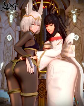 2girls 3d animal_ear_fluff ass auxp black_hair black_nails blender bodystocking bridal_gauntlets cat_ears catgirl cosplay costume_switch crossover female fire_emblem fire_emblem_awakening indoors long_hair looking_at_viewer looking_back medium_hair nail_polish nia nia_(cosplay) standing tharja_(fire_emblem) tharja_(fire_emblem)_(cosplay) two_side_up white_hair white_robe xenoblade_(series) xenoblade_chronicles_3 yellow_eyes