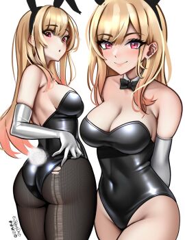 1girls adjusting_clothes animal_ears arms_behind_back artist_name ass bare_legs bare_shoulders black_leotard black_pantyhose blonde_hair bow bowtie breasts bunny_costume bunny_ears bunny_girl bunny_tail bunnysuit cleavage covered_navel cowboy_shot detached_collar ear_bar ear_piercing earrings elbow_gloves english_commentary fake_animal_ears fake_tail female female_only gloves gradient_hair grey_gloves gyaru hand_on_own_hip highres jackary jackary_draws jewelry kitagawa_marin large_breasts leotard long_hair looking_at_viewer multicolored_hair multiple_views open_mouth orange_hair pantyhose piercing playboy_bunny rabbit_ears rabbit_tail red_eyes shiny_clothes sideboob simple_background skindentation smile solo sono_bisque_doll_wa_koi_wo_suru standing strapless strapless_leotard tail torn_clothes torn_pantyhose white_background