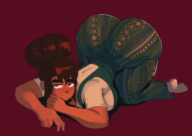 1girls ass ass_bigger_than_head bent_over big_breasts breasts brown_hair dand_u dark-skinned_female dark_skin fat_ass female flare_pants forbidden_pants huge_ass looking_at_viewer mene_(dand_u) original_character overalls socks solo solo_female tagme