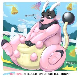 ambiguous_anthro ambiguous_gender animal_suit anthro bell black_body blue_hair blue_sky bondage bunnykisses clothing conayr dragon fence grass hair hi_res hypnosis male_(lore) masturbation mind_control mohawk mythological_creature mythological_scalie mythology overweight petplay pink_clothing pink_suit plant roleplay scalie sitting sky solo spiral spiral_eyes spread_legs spreading suit