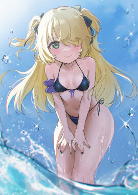 1girls absurdres arm_garter bikini black_bikini black_nails black_ribbon blonde_hair blue_sky blush breasts cloud commentary_request day female fischl_(genshin_impact) genshin_impact green_eyes hair_over_one_eye hair_ribbon highres leaning_forward long_hair looking_at_viewer nail_polish navel ribbon side-tie_bikini_bottom sky small_breasts solo standing stomach swimsuit thighs two_side_up very_long_hair wading water yukiri_(l_ii)