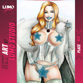 abs blonde_female blonde_hair blue_eyes breasts breasts_out censored censored_nipples censored_pussy emma_frost female female_only hellfire_club large_breasts lu_cardoso lumo_studio marvel marvel_comics nude nude_female panties_aside pussy thick_thighs toned toned_female traditional_media_(artwork) white_queen x-men