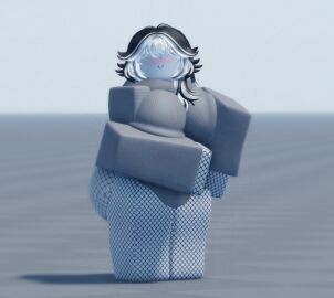 3d ass baseplate big_ass big_breasts blush breasts day daytime female fishnets grabbing_breasts grey_shirt long_hair roblox roblox_background robloxian smile white_body white_hair white_skin