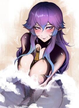 1girls blue_eyes blue_hair breasts champagne champagne_bottle cottontail_(vtuber) eyeshadow female female_only heterochromia indie_virtual_youtuber jotmanlol long_hair makeup multicolored_hair object_between_breasts purple_eyes purple_hair smile solo virtual_youtuber