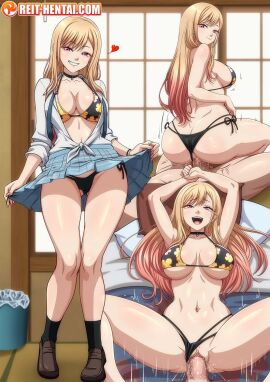 ass bare_legs bikini bikini_under_clothes blonde_hair breasts clothes_lift female female_focus female_penetrated floral_print_bikini gradient_hair gyaru heart highres kitagawa_marin large_breasts long_hair looking_pleasured lying male male/female male_penetrating male_penetrating_female multicolored_hair on_back pendant_choker penis penis_in_pussy print_bikini pussy reit reverse_cowgirl_position school_uniform seductive_smile sequential sex skirt skirt_lift smile solo_focus sono_bisque_doll_wa_koi_wo_suru straddling straight swimsuit thighs vaginal vaginal_penetration vaginal_sex