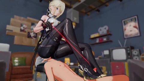 1boy 1girls blender blonde_hair dominant_female emotionless evelyn_chevalier facesitting footjob fully_clothed high_heels light-skinned_female light-skinned_male no_sound okrakitty_(artist) sitting_on_person small_penis string submissive_male tagme uninterested video wise_(zenless_zone_zero)