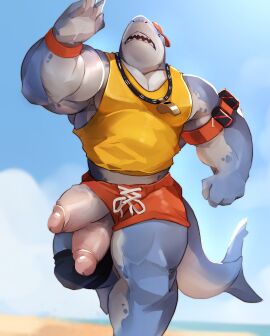 2024 2_penises absurd_res anthro armband backwards_baseball_cap backwards_hat bara baseball_cap beach biceps big_muscles big_penis clothed clothing cloud day diphallia diphallism dot_eyes epic_games erection fin fish foreskin fortnite genitals glans hat headgear headwear hi_res huge_cock huge_muscles humanoid_genitalia humanoid_penis knee_pads lifeguard makowolf1 male male_only marine multi_genitalia multi_penis muscles muscular muscular_anthro muscular_male open_mouth outside pecs penis poking_out running safety_first_steve sand shark sharp_teeth shirt solo swimming_trunks swimwear tank_top teeth thick_arms thick_penis thick_thighs topwear uncircumcised urethra vein wardrobe_malfunction water whistle_(object) wristband yaoi