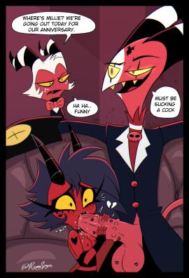 1girls 2boys blitzo_(helluva_boss) blowjob blowjob_face breasts casual cheating cheating_wife cuckold demon demon_girl fellatio female helluva_boss horns male male/female millie_(helluva_boss) moxxie_(helluva_boss) netorare nipples renaspyro stealth_fellatio tagme text unaware