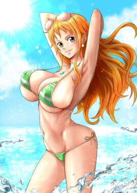 1girls adapted_costume armpits arms_behind_head ass bare_shoulders bikini bouncing_breasts breasts cleavage cleft_of_venus collarbone covered_erect_nipples curvy earrings female female_focus green_bikini huge_breasts jewelry large_breasts long_hair looking_at_viewer lowleg lowleg_bikini micro_bikini midriff minpei_ichigo nami_(one_piece) nami_(one_piece)_(return_to_sabaody) navel necklace one_piece orange-haired_female orange_eyes orange_hair outdoors parted_lips shiny_skin side-tie_bikini_bottom skindentation smile solo stomach striped_bikini striped_clothes sunglasses sunglasses_on_head swimsuit thong thong_bikini underboob wide_hips