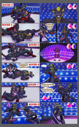 absurd_res african_wild_dog animal_genitalia anthro ass ballbusting balls balls_grab beard black_body black_fur blonde_hair blurred_background blurred_character blurred_vision blush bodily_fluids body_hair bondage bottomwear bulge canid canine canis chest_hair chest_tuft claws clothed clothing cock_and_ball_torture cock_and_balls_torture comic crowd cum cum_drip cum_in_mouth cum_inside cum_on_chest cum_on_face cum_on_penis dazed dialogue digital_media_(artwork) dobermann domestic_dog dripping duo erection facial_hair fight fighting_ring fingers footwear fur genital_fluids genital_torture genitals glowing glowing_eyes green_eyes grey_eyes group hair hairy_balls hi_res howlfeiwolf hypnosis licking licking_cum looking_at_viewer lyon_(hert123) male male/male mammal masturbation mind_control muscular muscular_anthro muscular_male nipples nude open_mouth orgasm pecs penis pinscher pubes public sex shoes shorts smile speech_bubble speed_lines spiral spiral_eyes standing stars_around_head sweatband tail tan_body tan_fur tattoo teeth text tirpitz tongue tuft underwear wrestling yellow_body