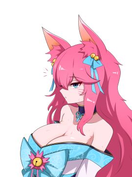 ahri alternate_costume alternate_hair_color alternate_hairstyle animal_ear_fluff animal_ears animal_girl artist_request bangs bell big_breasts blue_eyes breasts busty choker cleavage clothing eyelashes eyeliner eyeshadow facial_markings female fluffy fluffy_ears fluffy_tail fluffy_tails fox fox_ears fox_girl fox_tail furry_tail hair_ornament hair_ribbon humanoid inner_ear_fluff japanese_clothes kemonomimi kimono kitsune league_of_legends light-skinned_female light_skin long_hair multi_tail nine_tailed_fox no_nude pale-skinned_female pale_skin pink_hair riot_games robe spirit_blossom_ahri spirit_blossom_series tail vastaya video_games