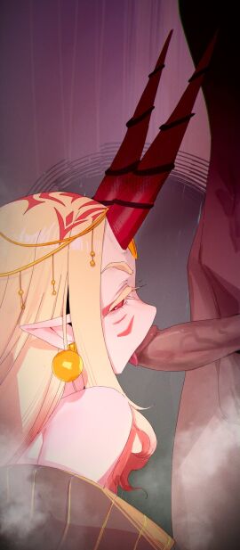 1boy blonde_hair dark-skinned_male dark_skin earrings erection facial_mark fate/grand_order fate_(series) fellatio female from_side highres horns ibaraki_douji_(fate) jewelry long_hair looking_at_viewer looking_to_the_side male oni oral penis pointy_ears puk puk_(higanbana_doujin) red_eyes red_horns solo_focus straight tongue tongue_out uncensored