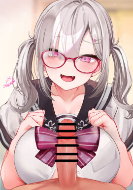 1boy bar_censor blush bow bowtie breasts brown_sailor_collar censored collarbone commentary_request fangs female festa11307070 glasses grey_hair grey_serafuku huge_breasts long_hair looking_at_viewer male nijisanji open_mouth penis pink-framed_eyewear pink_bow pink_bowtie pink_eyes sailor_collar school_uniform serafuku short_sleeves smile solo_focus sukoya_kana sukoya_kana_(3rd_costume) twintails virtual_youtuber