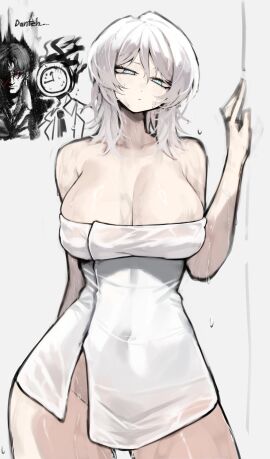 1other \\\\\\\\ bare_shoulders blue_eyes breasts cg cleavage clock closed_mouth covered_navel cowboy_shot dante_(limbus_company) faust_(limbus_company) female large_breasts limbus_company looking_at_viewer medium_hair naked_towel object_head project_moon simple_background solo_focus thighs towel vergilius_(limbus_company) wet white_hair