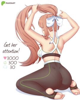 ass ass_focus black_leggings doki_doki_literature_club female fit fit_female gym_clothes leggings long_hair monika_(doki_doki_literature_club) raionart ribbon sports_bra stirrup_legwear white_bow white_ribbon