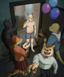 anthro balloon barefoot birthday birthday_cake birthday_gift birthday_party blush bottomwear bovid cake canid canine canis caprine clothed clothing dessert digital_media_(artwork) domestic_dog embarrassed fangs feet female flaccid food footwear foreskin fox fur genitals gift goat group hair hi_res horn humanoid_genitalia humanoid_penis humor inflatable lizard male mammal nipples open_mouth pants pecs penis poking_out reptile rozgi scalie selfie selfie_stick shirt shoes skirt smile surprise tail teeth tired toes tongue topless topless_anthro topless_male topwear uncircumcised underwear underwear_only
