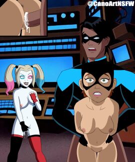 1boy 2girls anal barbara_gordon batgirl batgirl_(barbara_gordon) batgirl_(harley_quinn) bent_over canoartnsfw caught caught_in_the_act cum cum_inside dc dc_comics dick_grayson female fingering_self harleen_quinzel harley_quinn harley_quinn_(series) male masturbation nightwing penetration pussy pussy_juice sex superhero superhero_costume superheroine