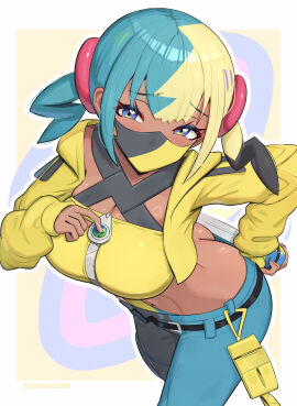 1girls absurdres aqua_hair ass bandeau belt big_breasts black_belt black_mask black_pants blonde_hair blue_pants breasts butt_crack canari_(pokemon) cleavage criss-cross_halter crop_top dark-skinned_female dark_skin downpants female gonzarez halterneck highres jacket large_breasts mask midriff mouth_mask multicolored_hair navel nintendo pants pokemon pokemon_legends:_z-a short_twintails solo split-color_hair twintails two-tone_hair two-tone_mask yellow_bandeau yellow_jacket yellow_mask