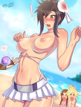 1boy 3girls accidart accidental_exposure aerith_gainsborough aerith_gainsborough_(pink_mermaid) beach big_breasts bikini_bottom black_hair blonde_hair blush breasts brown_hair cloud_strife embarrassed embarrassed_nude_female female final_fantasy final_fantasy_vii final_fantasy_vii_rebirth final_fantasy_vii_remake fit fit_female flower_in_hair funny gloves highres hip_dips light-skinned_female light_skin male materia navel nipples red_eyes self_upload square_enix sweat swimsuit teenage_female teenager tifa_lockhart tifa_lockhart_(shining_spirit) twitter_username yuffie_kisaragi