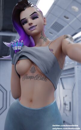10:16 1girls 3d blizzard_entertainment breasts dark-skinned_female dark_skin female latina medium_breasts nipples overwatch shirt_lift solo sombra tattoo thehounde