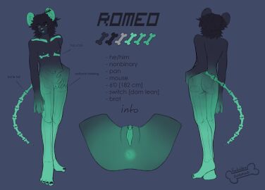 anthro black_body black_nails bone collarbone_piercing colored_nails cuntboy dermal_piercing ear_piercing english_text facial_piercing forbiddenavenue fur genitals gradient_fur green_body green_fur hi_res intersex lip_piercing male mammal model_sheet mouse murid murine nails nipple_piercing nipples nose_piercing pierced_genitals piercing pussy rodent romeo_(forbiddenavenue) skeleton solo spreading standing text tongue tongue_out tongue_piercing visible_skeleton