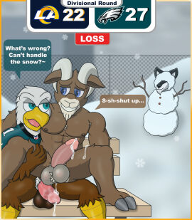 2_toes 5_fingers abs accipitrid accipitriform after_sex anthro armpit_hair avian avian_feet bald_eagle balls balls_size_difference balls_tuft beak bench big_balls big_penis bird black_body black_fur black_nose blue_eyes bodily_fluids body_hair bottomless bottomless_anthro bottomless_male bovid branch brown_body brown_feathers brown_fur brown_nipples button_(fastener) canid canine canis caprine chest_tuft clenched_teeth clothed clothing cloud comic cum cum_from_ass cum_in_ass cum_inside cum_on_leg cum_on_penis darkened_balls darkened_genitalia darkened_nipples day dialogue domestic_dog eagle english_text facial_hair feathers feet fingers football_jersey fur genital_fluids genitals glans goatee green_eyes group hooves horn husky jersey_only leaking_cum logo los_angeles_rams male male/male mammal mascot muscular muscular_anthro muscular_male nfl nike nipples nordic_sled_dog nude nude_anthro nude_male on_bottom on_top outside overcast pecs penis philadelphia_eagles pink_glans pink_penis pink_tongue rampage_(los_angeles_rams) reverse_cowgirl_position score_overlay sea_eagle sex sheep sitting sky smile smug snow snowflake snowman spitz spread_legs spreading swoop_(philadelphia_eagles) tan_balls tan_body tan_fur teeth text thehuskyk9 thehuskyk9_(artist) toes tongue trio tuft white_body white_feathers white_fur yellow_beak