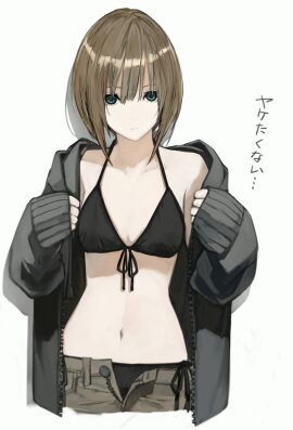 1girls bare_belly bare_chest bare_hands bare_hips bare_midriff bare_navel bare_shoulders bare_skin belly belly_button bikini bikini_top black_bikini black_bikini_top black_string_bikini black_swimsuit black_swimwear blue-eyed_female blue_eyes breasts brown-haired_female brown_eyebrows brown_hair cleavage coat collarbone dot_nose exposed exposed_belly exposed_midriff exposed_shoulders exposing exposing_breasts exposing_chest exposing_self female female_only fingers flat_belly flat_breasts flat_chest flat_chested front-tie_bikini front-tie_bikini_top grey_coat grey_jacket grey_topwear hair_between_eyes hashimoto_kokai high_resolution highres jacket lean_figure light-skinned_female light_skin looking_at_viewer medium_hair narrow_waist navel open_coat open_jacket open_topwear original original_art original_artwork original_character pale-skinned_female pale_skin petite petite_body petite_breasts petite_female petite_tits short_hair shoulders simple_background skinny skinny_female skinny_waist slender_body slender_waist slim_female slim_waist small_breasts smooth_chest smooth_skin solo standing string_bikini swimsuit swimwear thin_waist topwear undressing undressing_self upper_body white_background