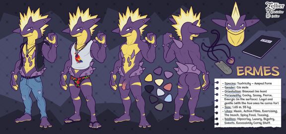 absurd_res amped_toxtricity anthro artzellier ass balls bottomwear clothed clothing denim denim_bottomwear denim_clothing digital_media_(artwork) ear_piercing english_text ermes_(jomagaher) feet flaccid footwear generation_8_pokemon genitals hi_res humanoid_genitalia humanoid_penis jacket jeans leather leather_clothing leather_jacket leather_topwear looking_at_viewer male model_sheet muscular muscular_anthro muscular_male nintendo open_clothing open_jacket open_topwear pants penis piercing pokemon pokemon_(species) purple_body rear_view sandals shirt shoes smile solo standing tank_top text toes topwear toxtricity underwear